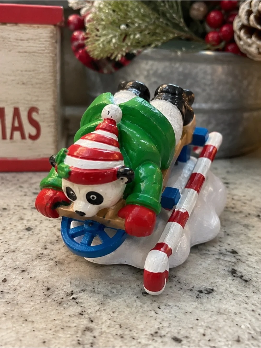 Vintage 1993 Christmas Panda Bear on Sled Figurine Holiday Collectible